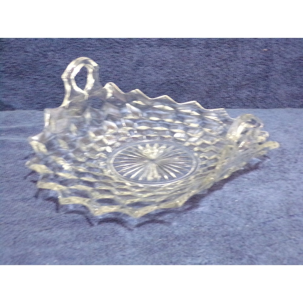 Vintage Fostoria Am. Glass Handled Tray Dish Waffle Pattern Cubist Pointed Edges